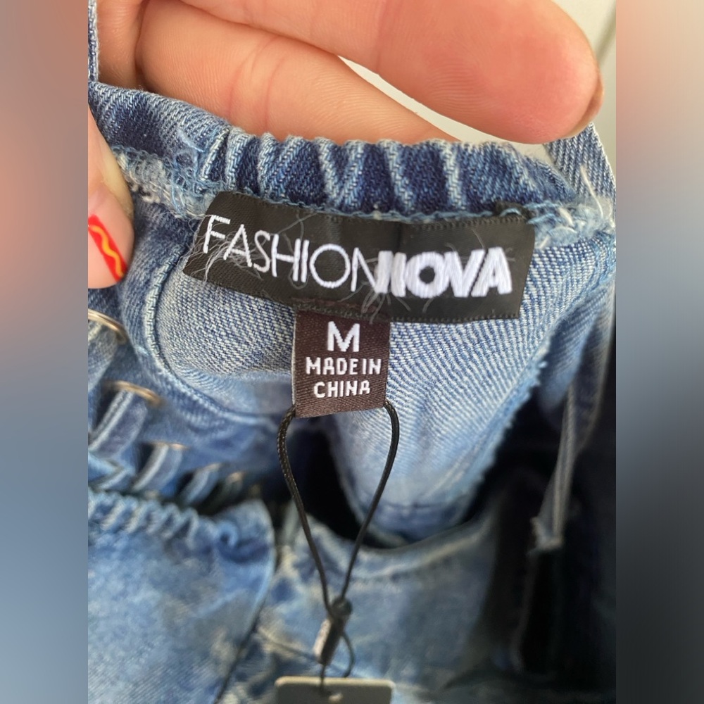 NWT Fashion Nova Delilah Denim Maxi Dress Med Strapless Corset Bustier Stretch - Picture 7 of 14
